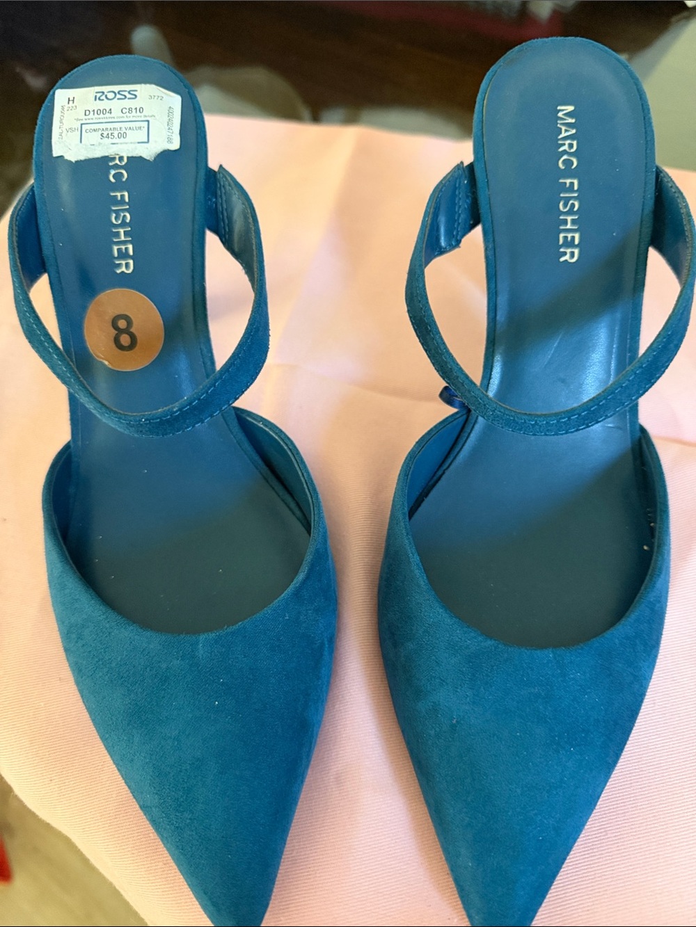Marc Fisher Teal Suede Pointed-Toe Mules with Ankle Strap